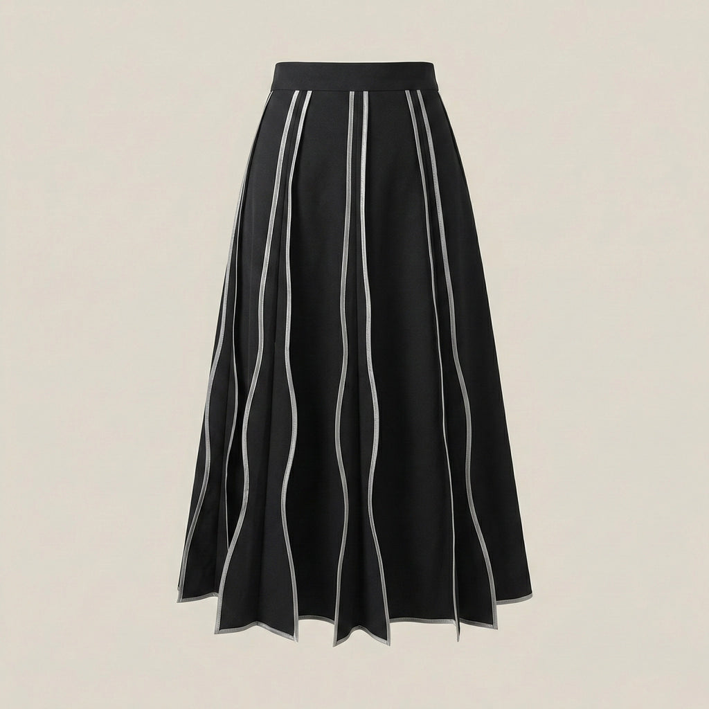 Black skirt with white vertical stripes on a beige background