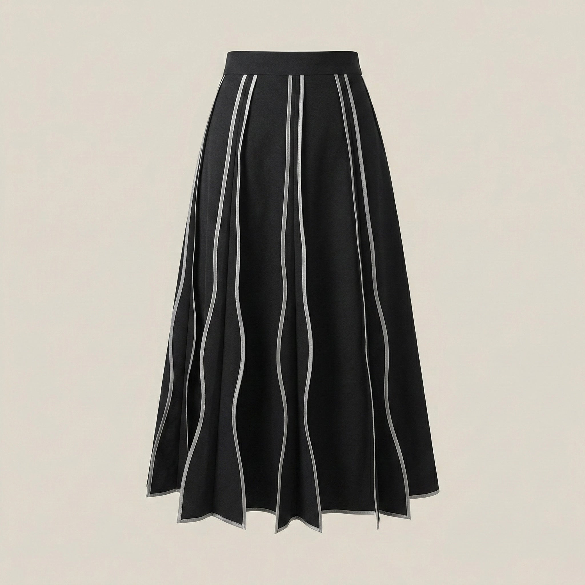 Black skirt with white vertical stripes on a beige background