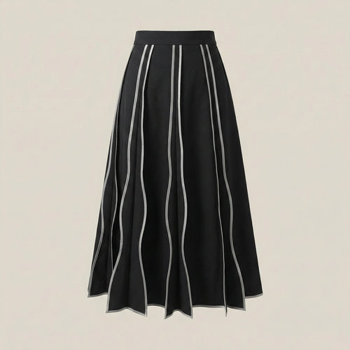 Black skirt with white vertical stripes on a beige background