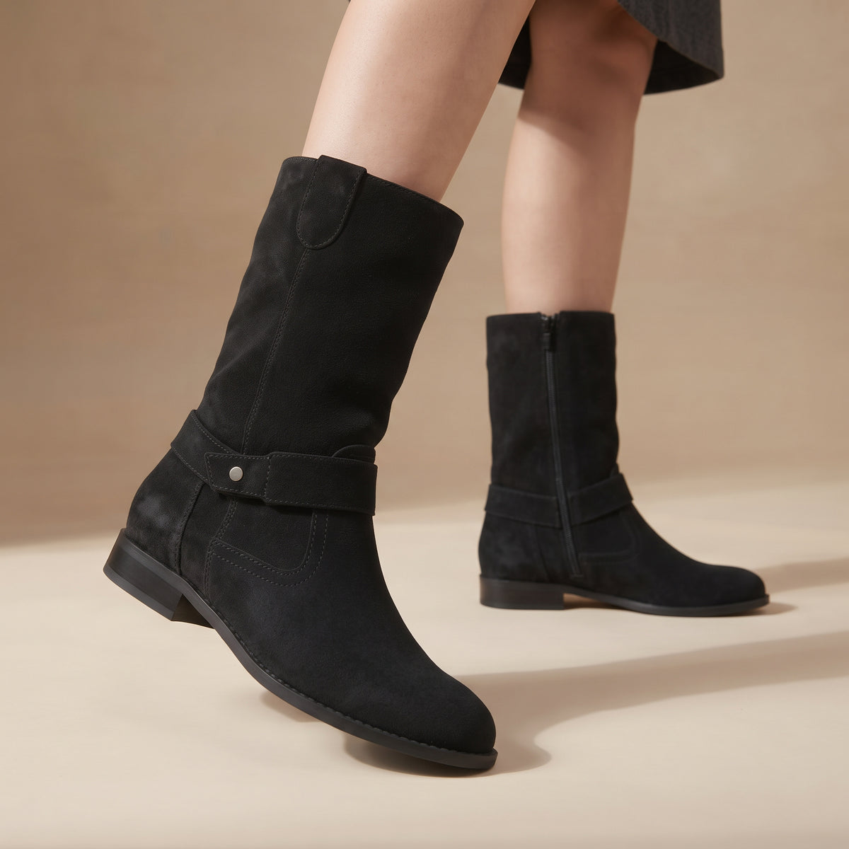 AccentSuedeStuddedAnkleStrapBootsBlack