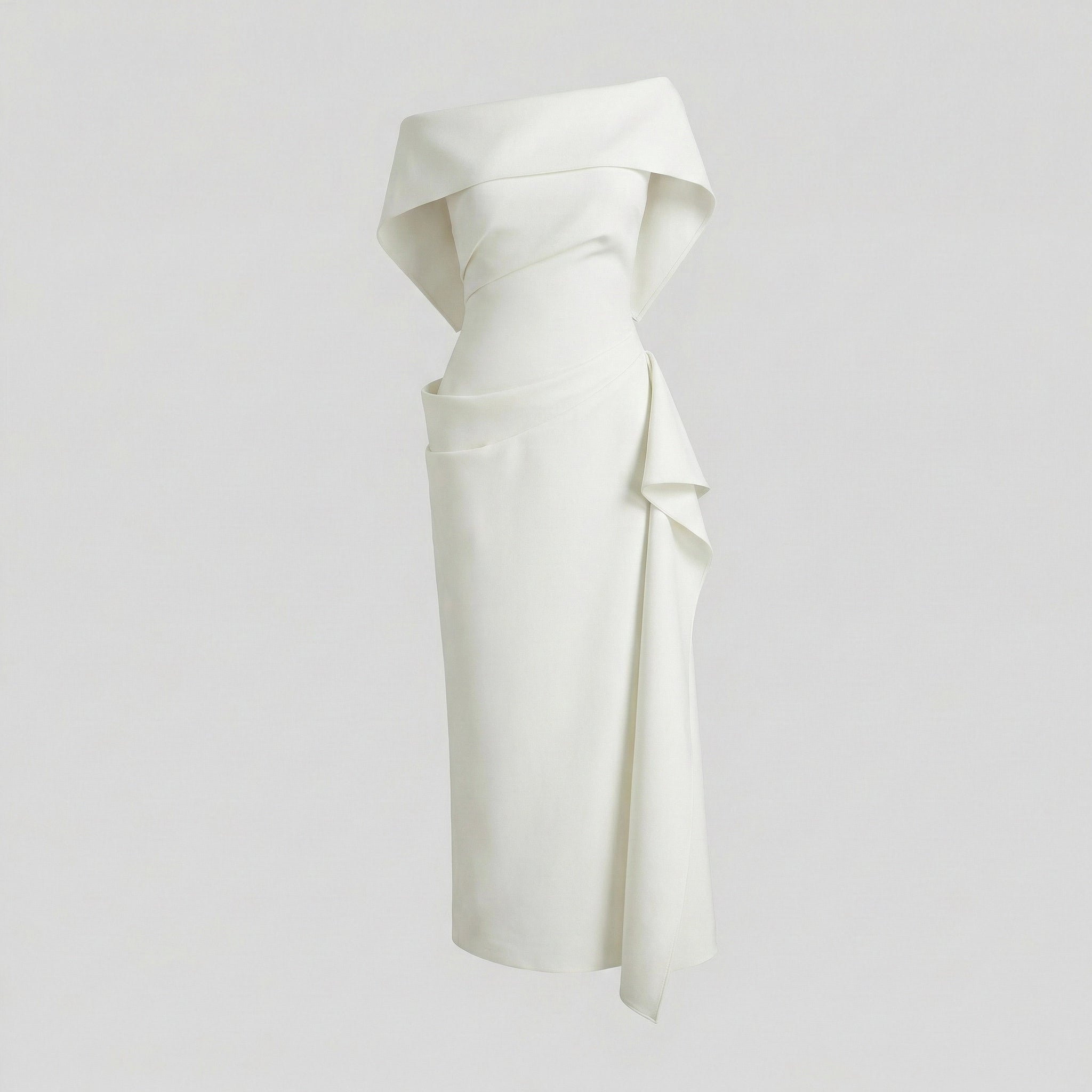 White off-shoulder dress on a light gray background