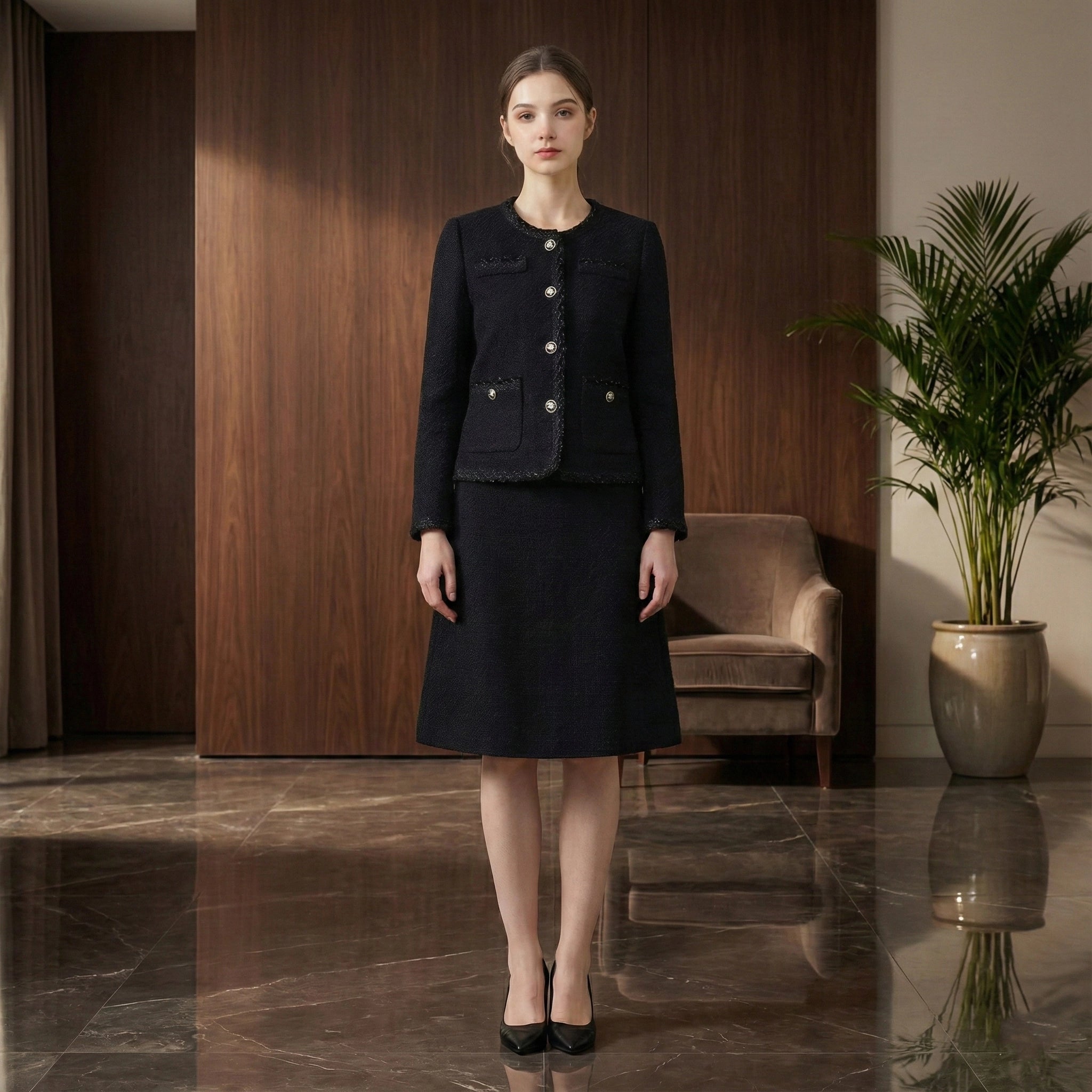 Woman in a black outfit standing in a modern interior setting with a plant and chair.