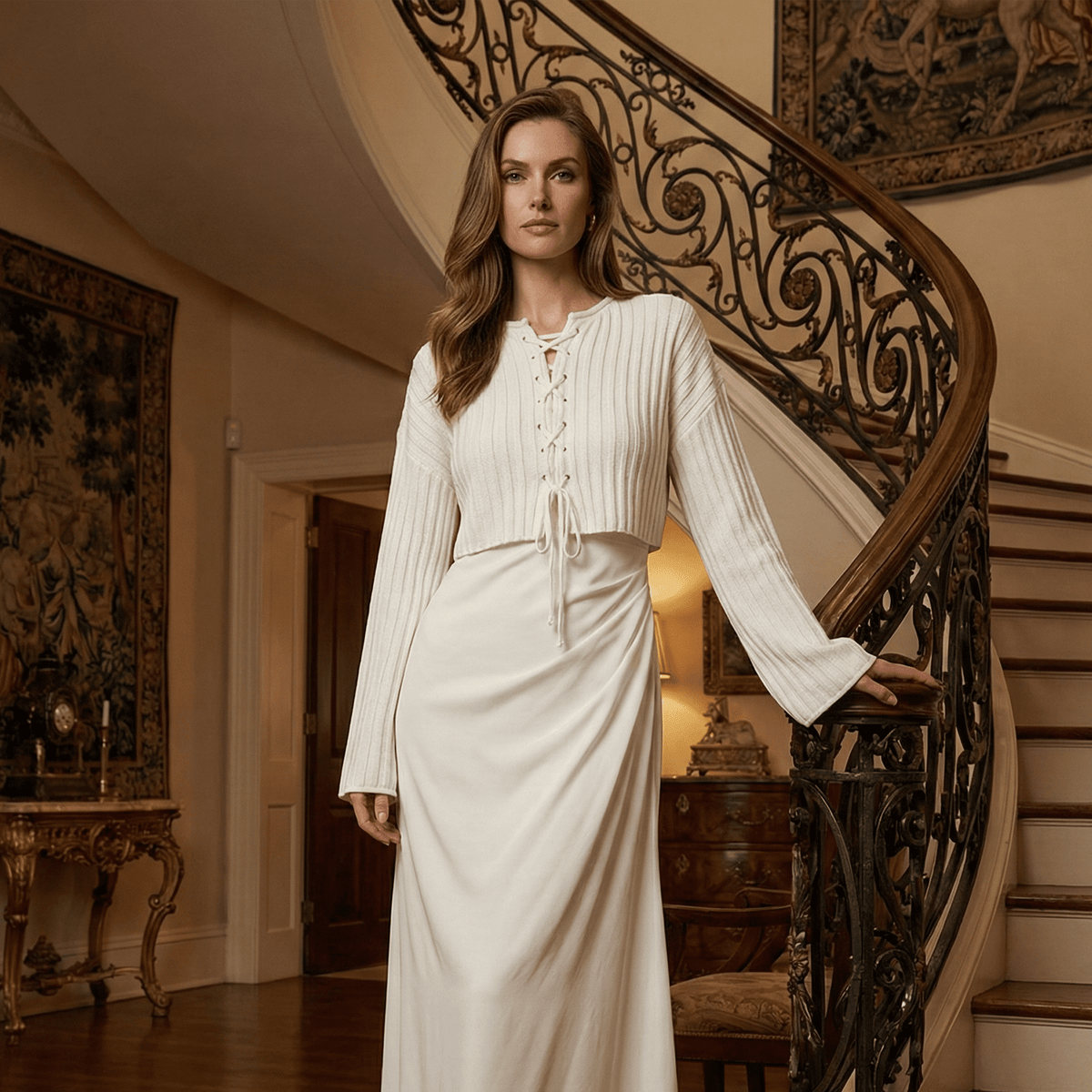 Woman in a white dress standing on a staircase in an elegant interior setting