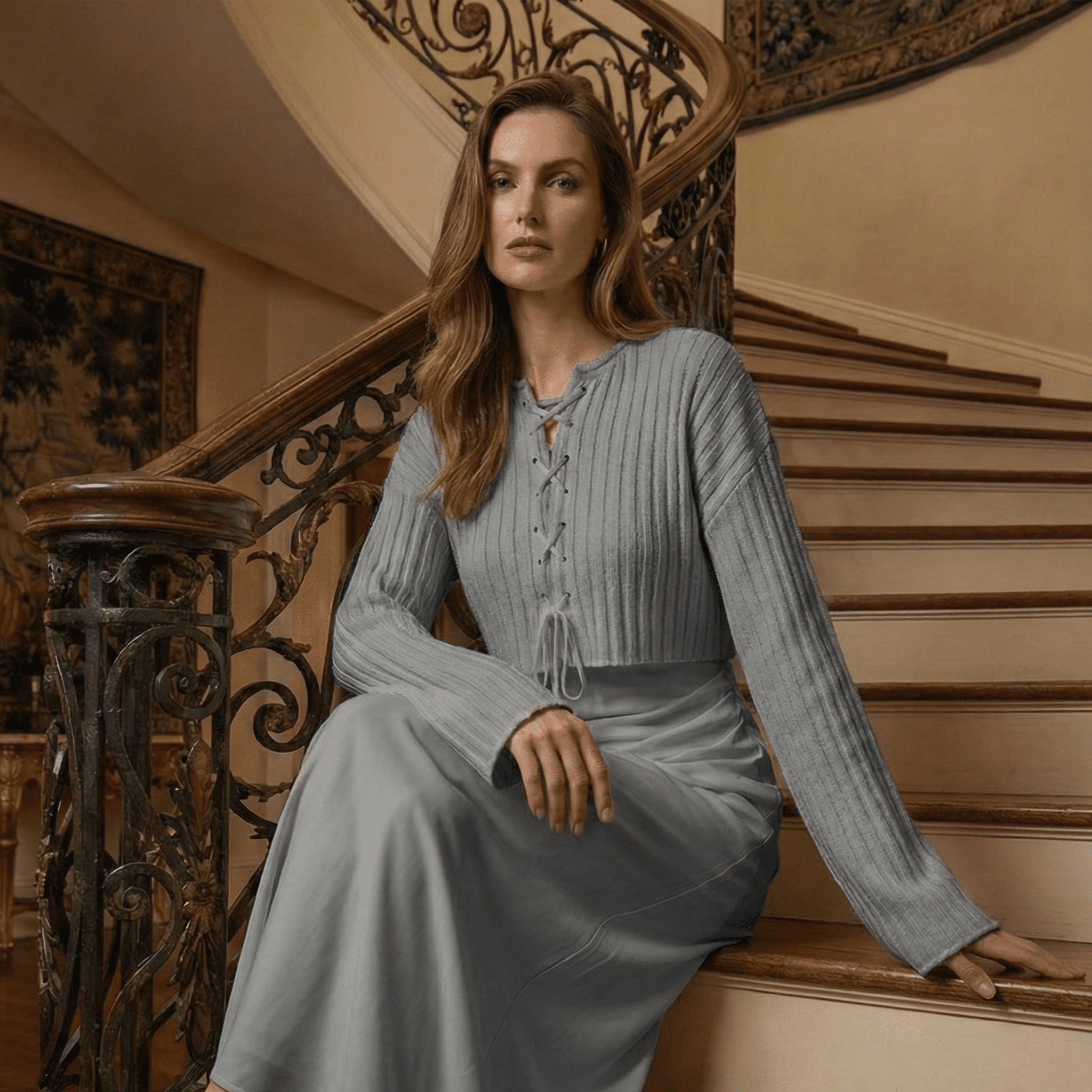 Woman in a gray dress sitting on a staircase with ornate railings.