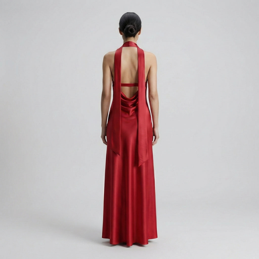 Red evening gown with open back on a plain background