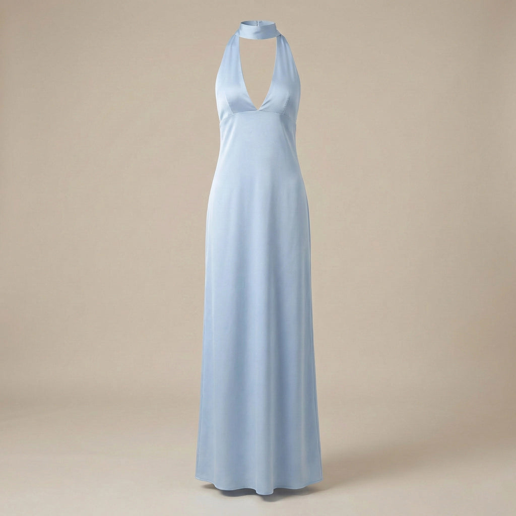 Light blue halter neck gown on a beige background
