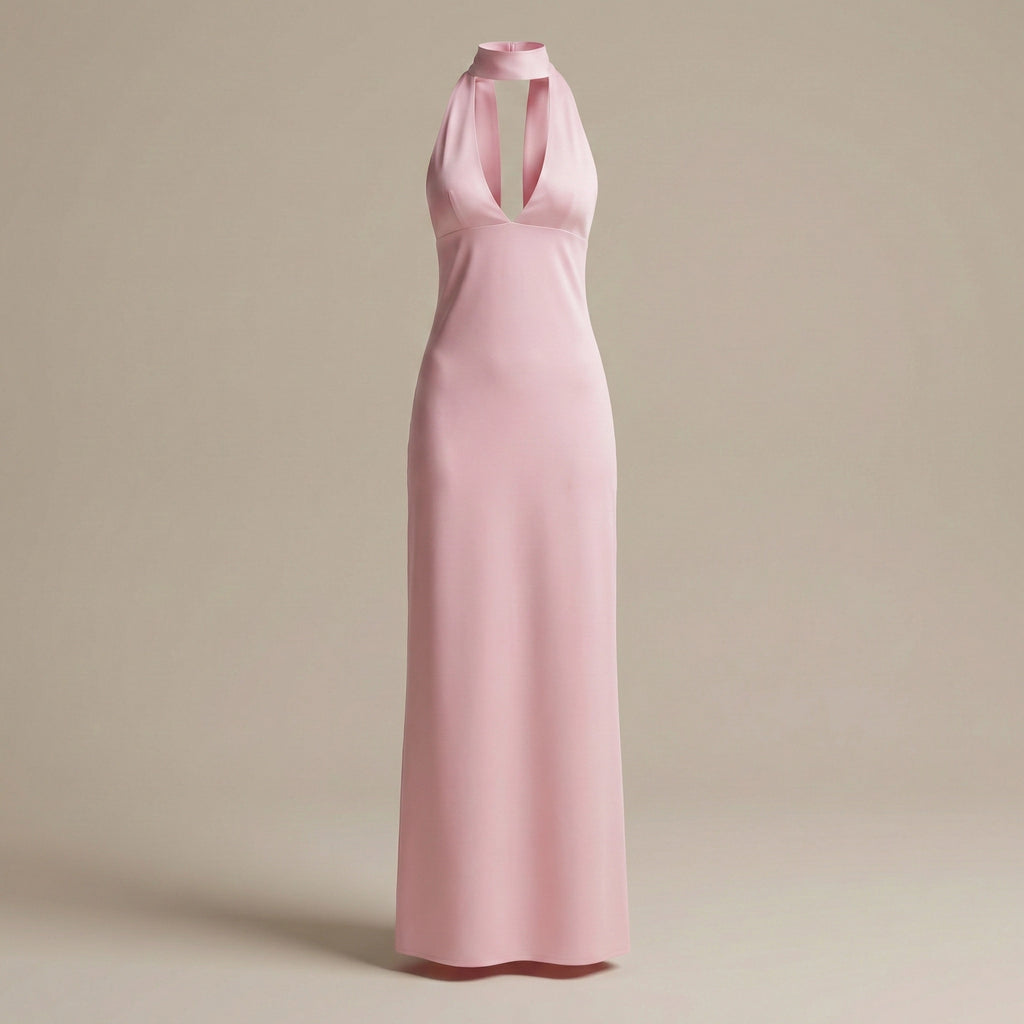 Pink halter neck gown on a beige background