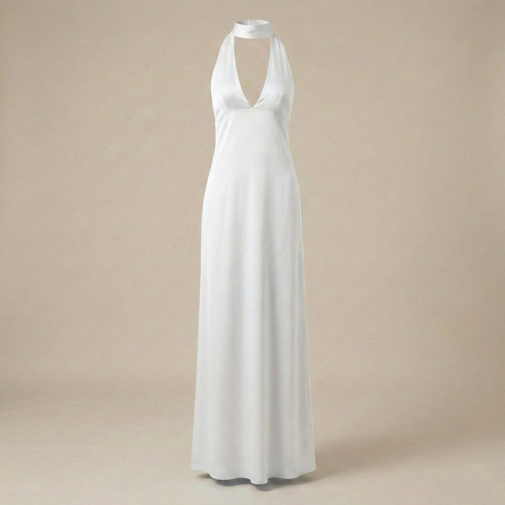 White halter neck dress on a beige background