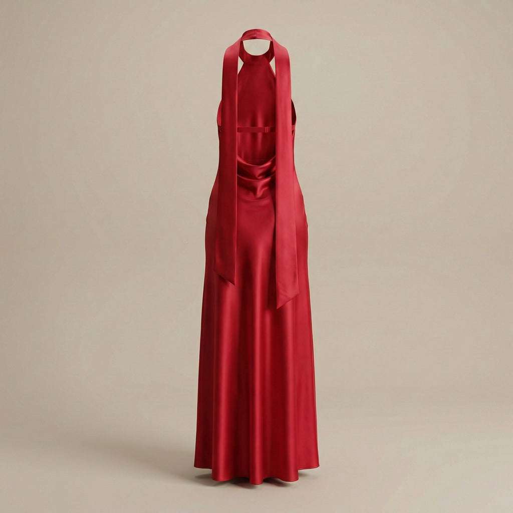 Red evening gown on a beige background