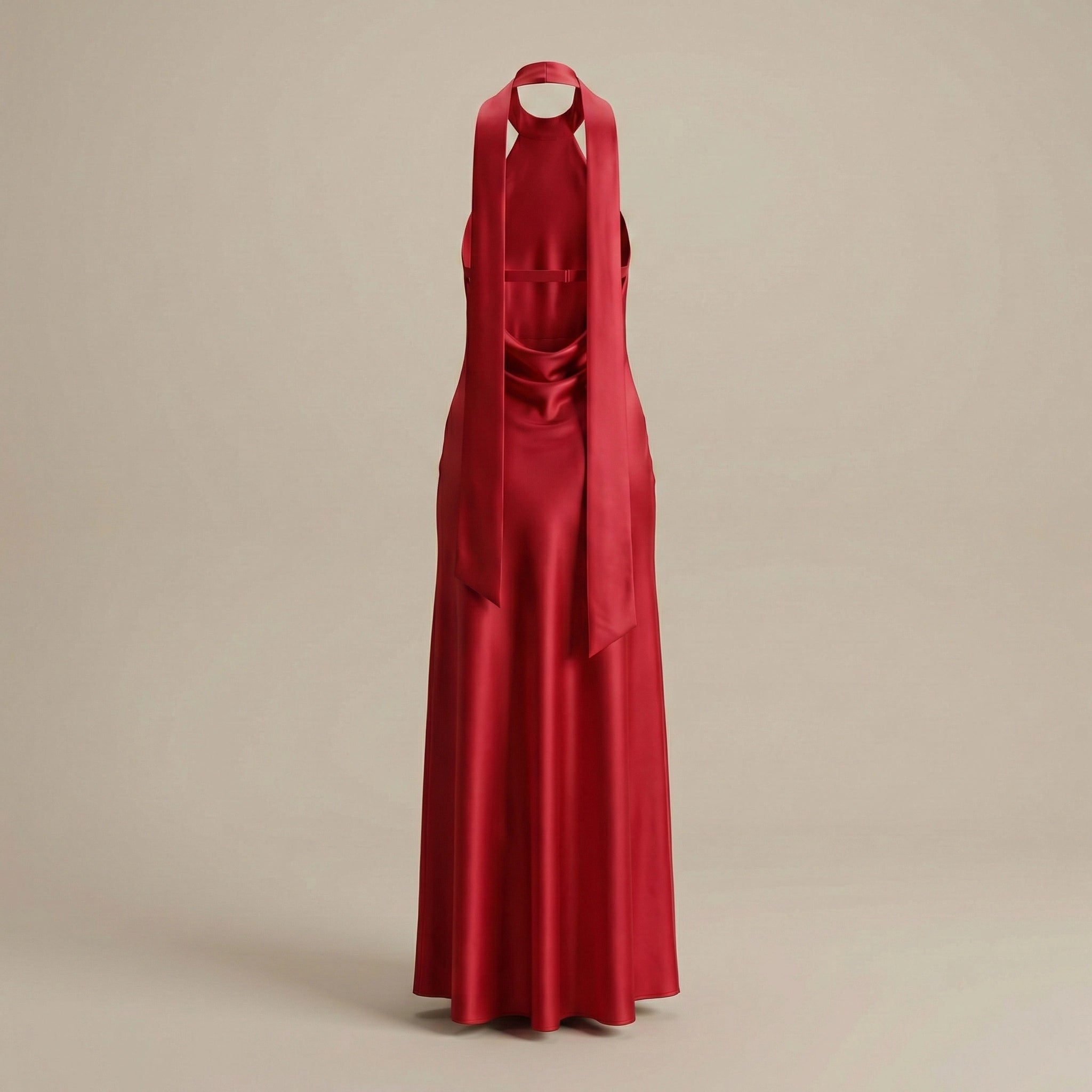 Red evening gown on a beige background