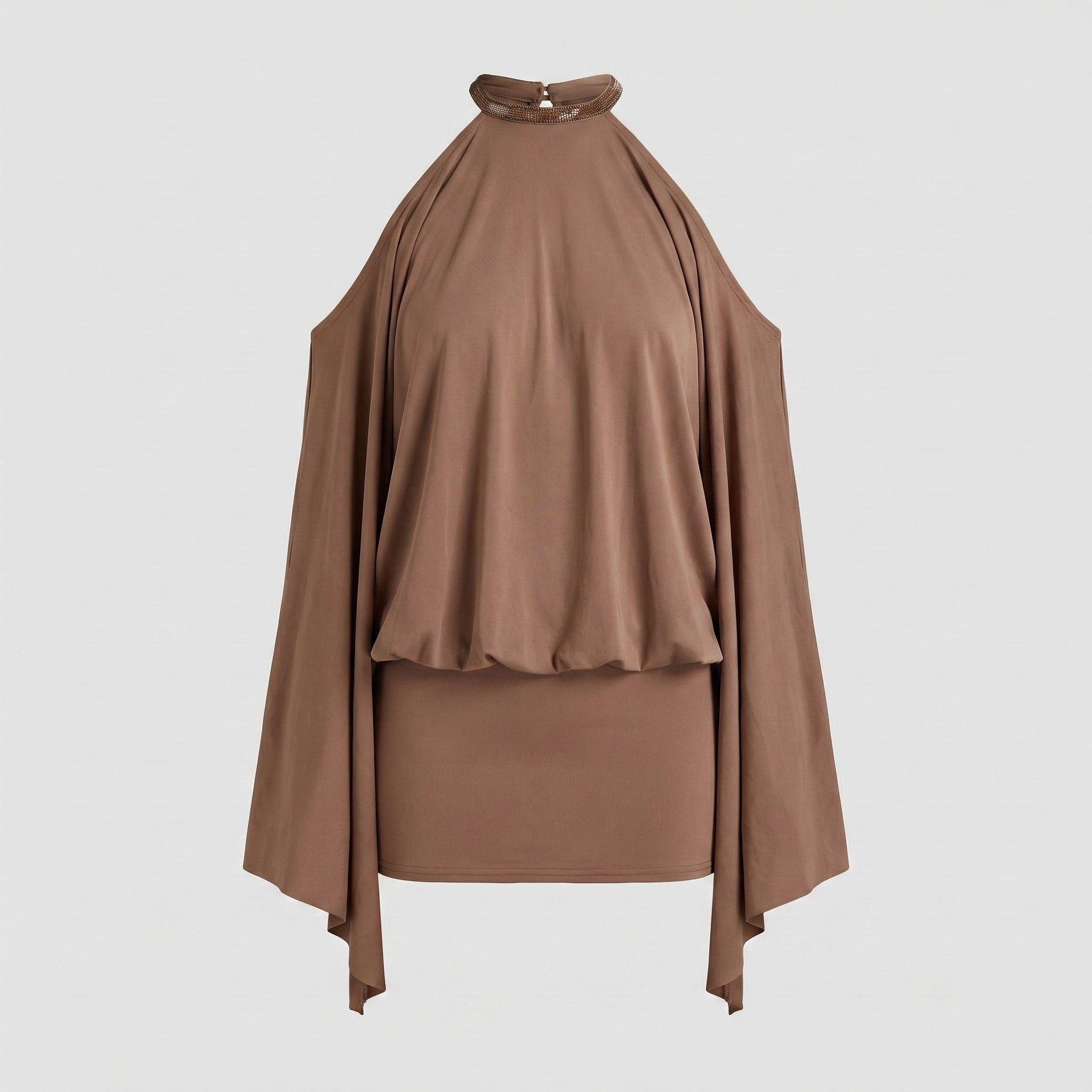 Brown halter top with long sleeves on a light gray background