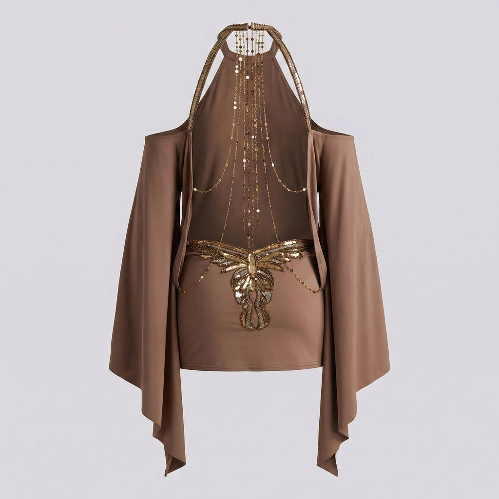 Brown outfit with gold embellishments on a light gray background