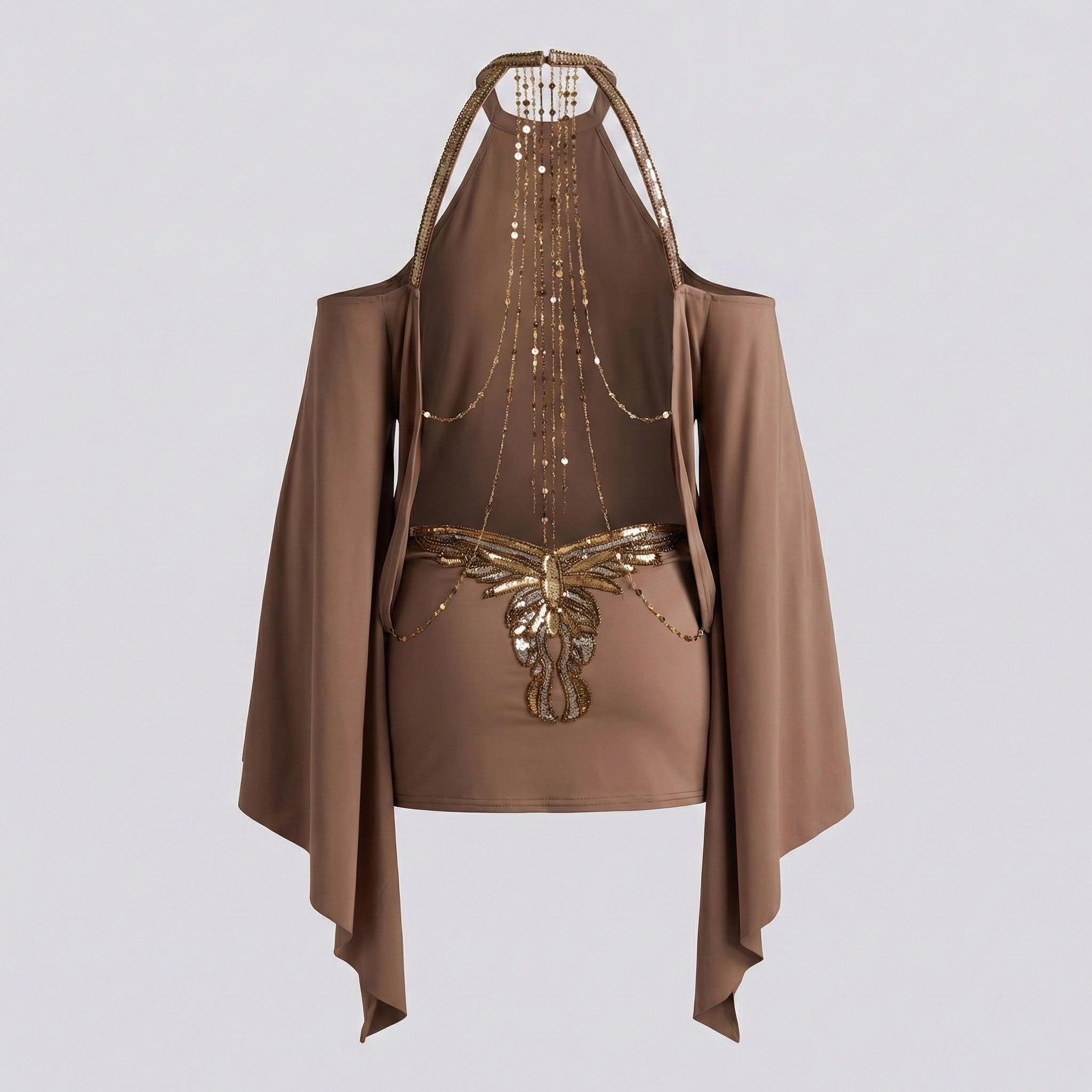 Brown outfit with gold embellishments on a light gray background