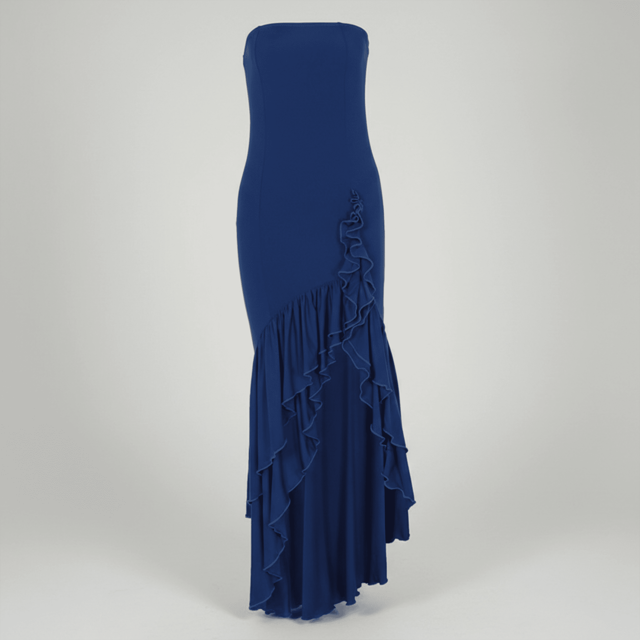 Blue strapless dress with ruffled details on a white background