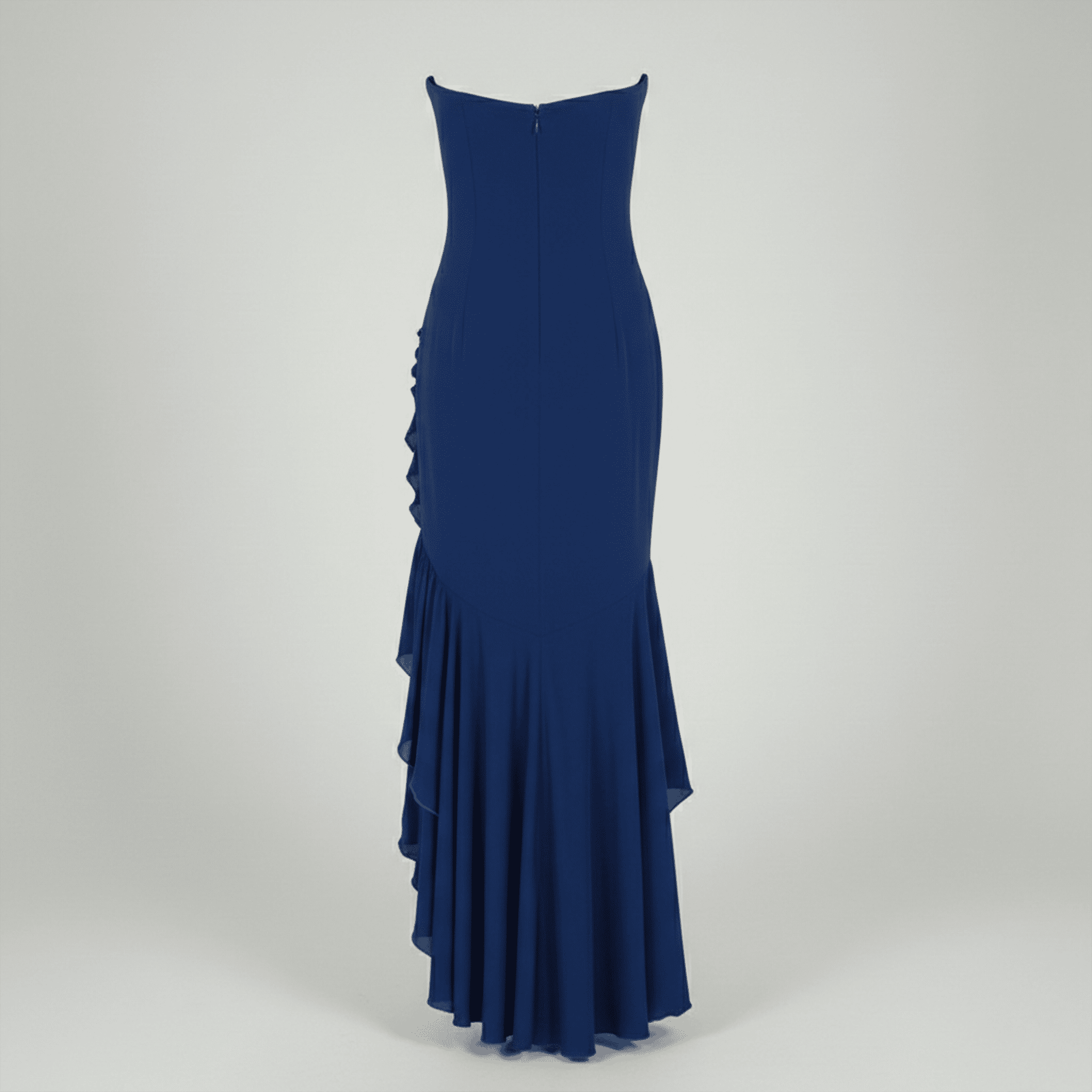 Blue evening gown on a light gray background