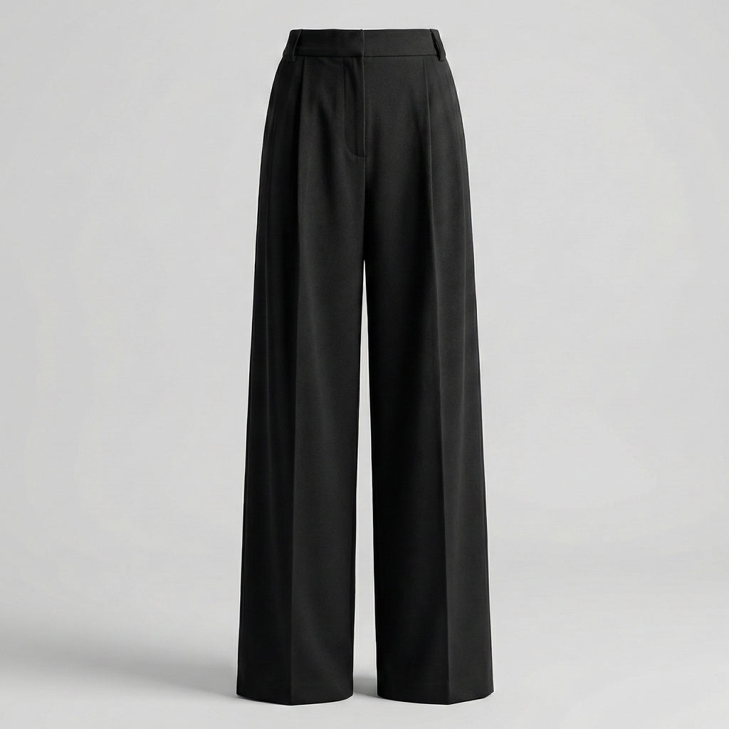Black wide-leg pants on a light gray background