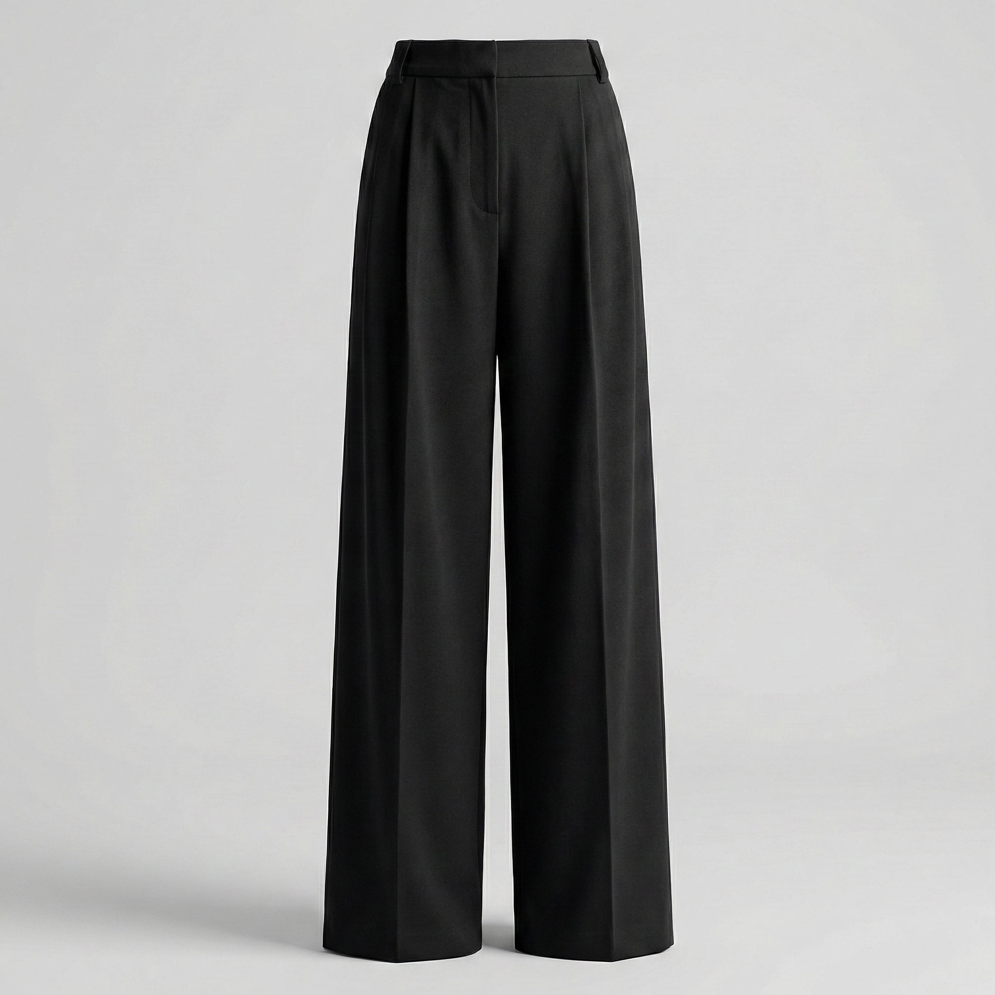 Black wide-leg pants on a light gray background