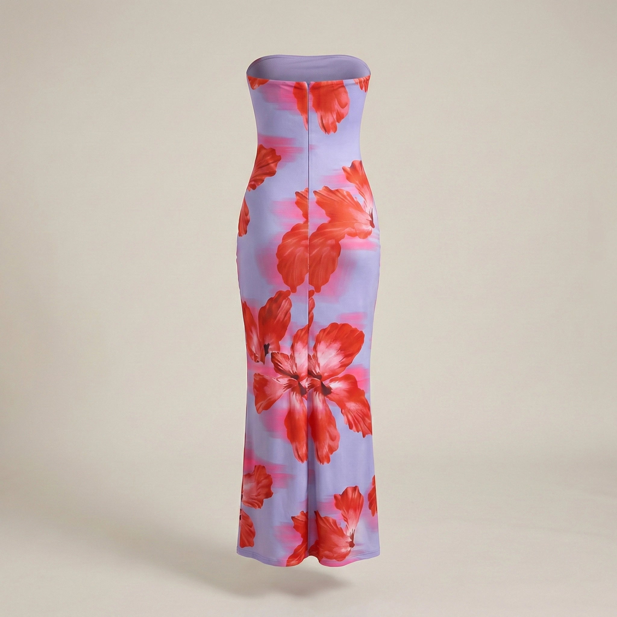 Floral dress with red flowers on a light purple background