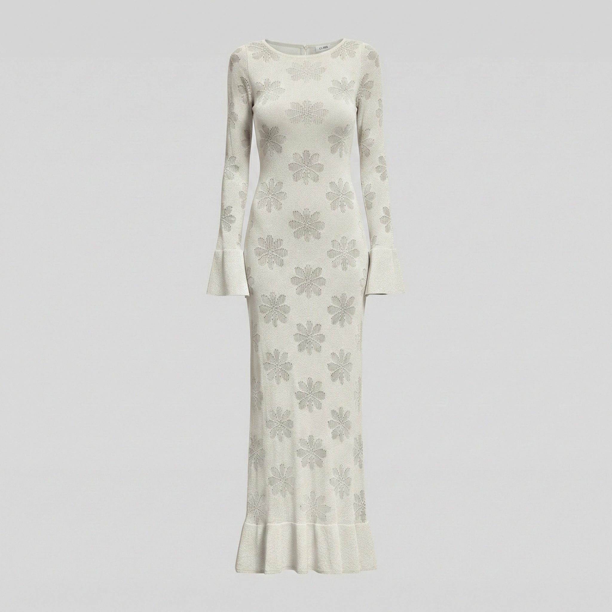 Long-sleeve dress with floral pattern on a light gray background