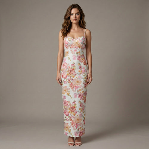 Woman wearing a floral dress against a neutral background