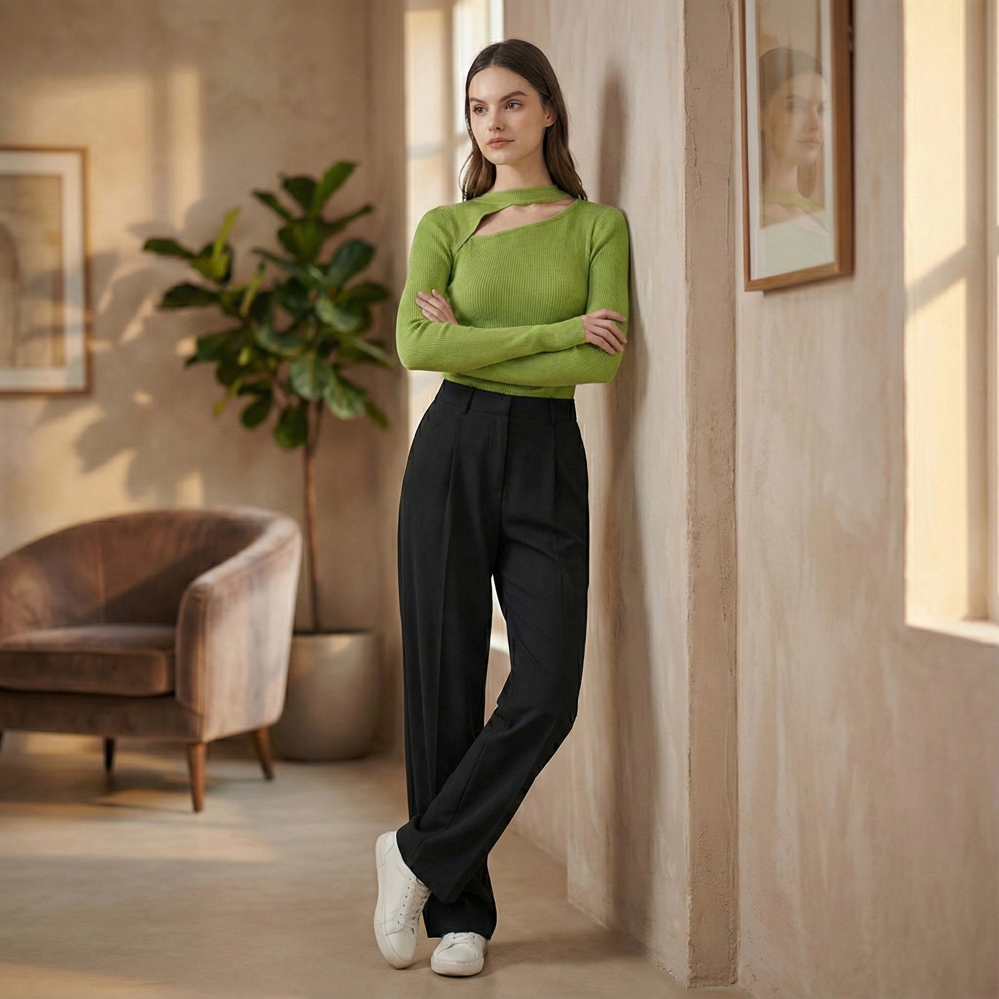 Woman in a green top and black pants standing in a sunlit room with a plant and chair.