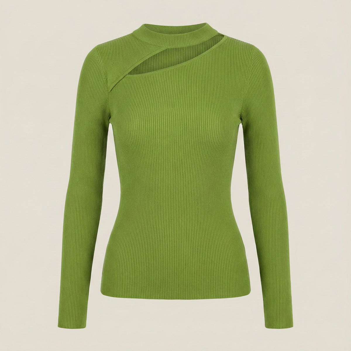 Green ribbed sweater on a beige background