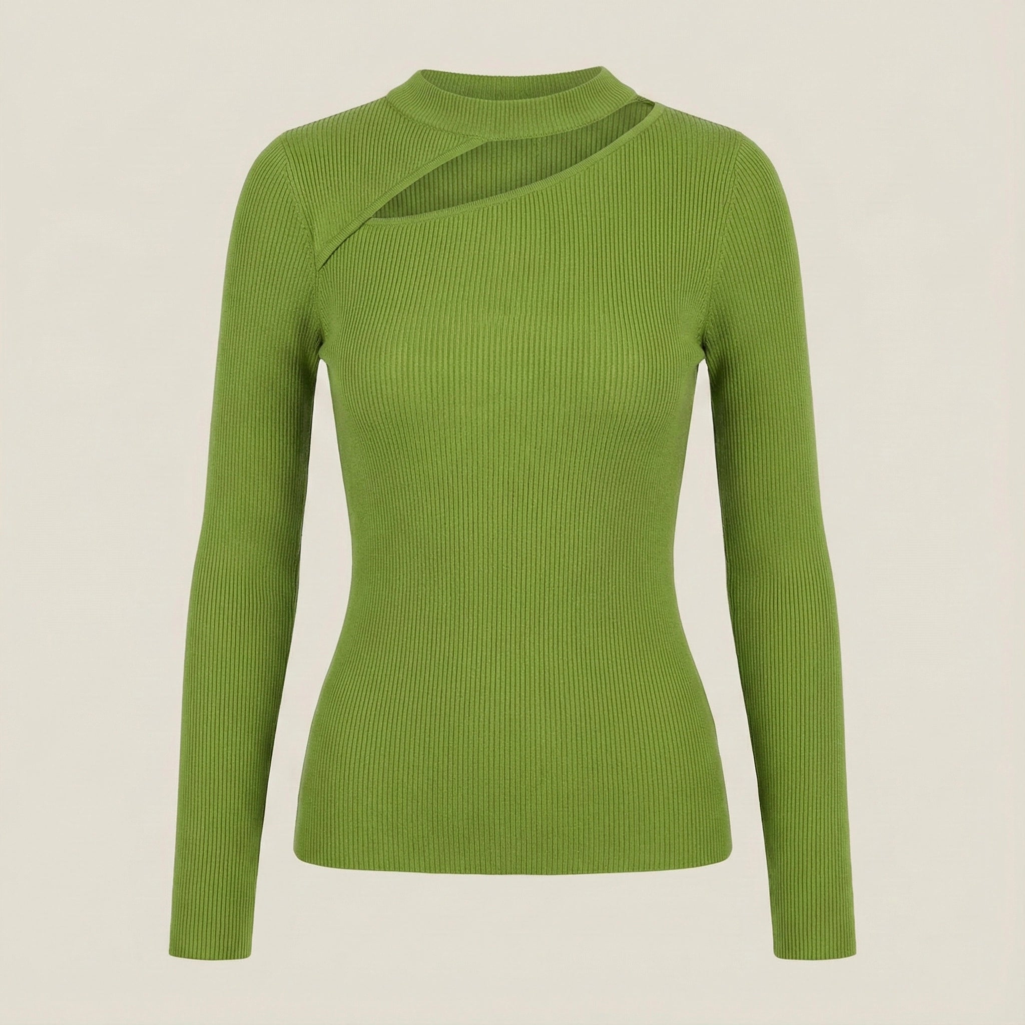 Green ribbed sweater on a beige background