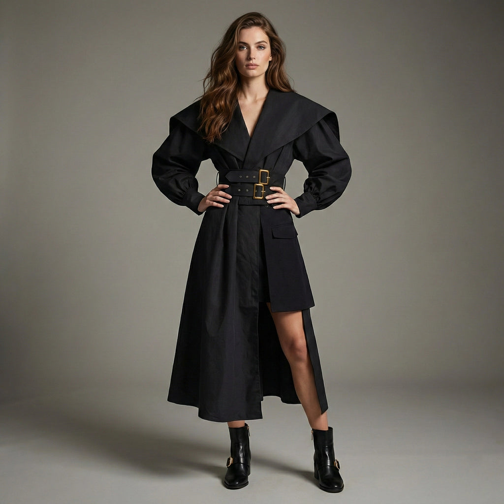 Woman wearing a black coat with a belt against a gray background