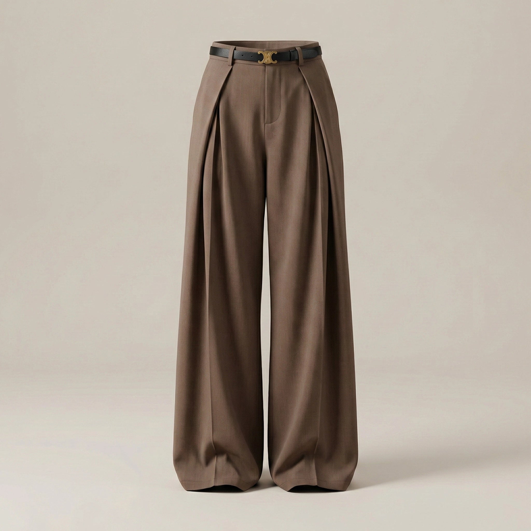 Brown wide-leg pants with a belt on a beige background