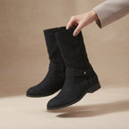 BalckAccentSuedeStuddedAnkleStrapBoots