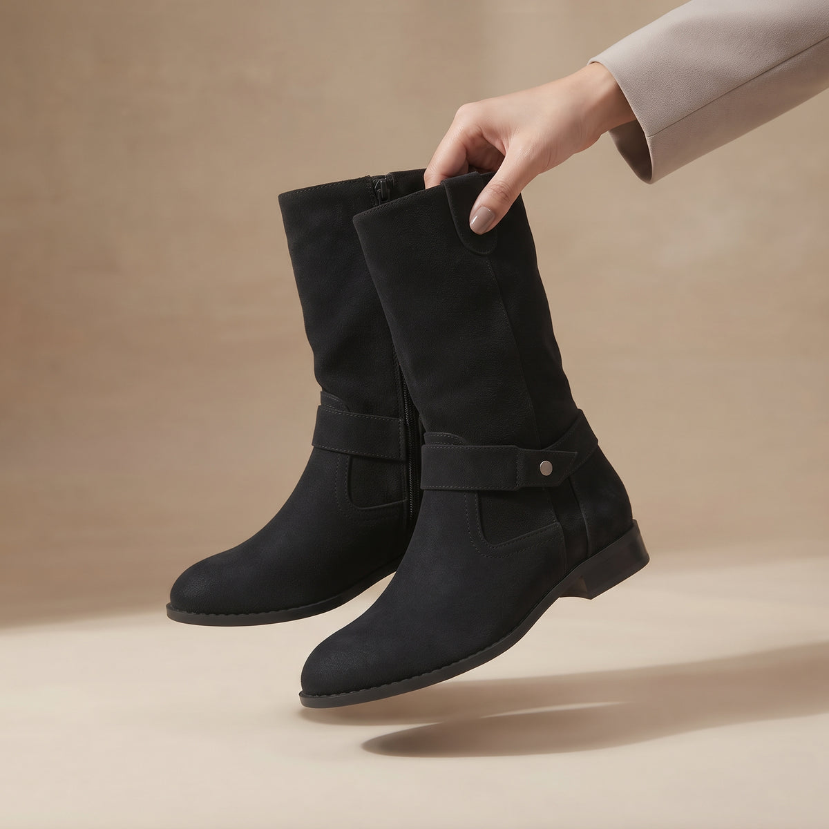 BalckAccentSuedeStuddedAnkleStrapBoots