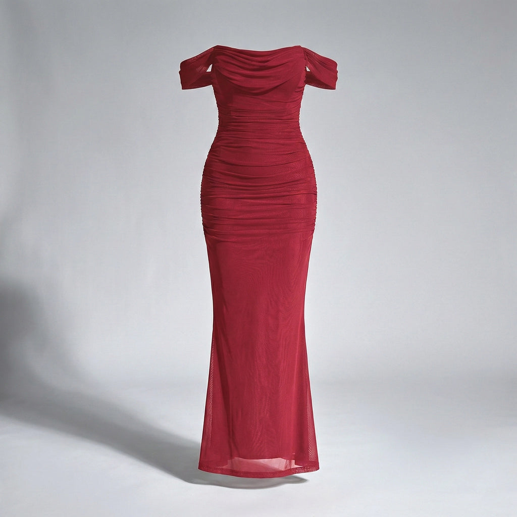 Red off-shoulder evening gown on a gray background