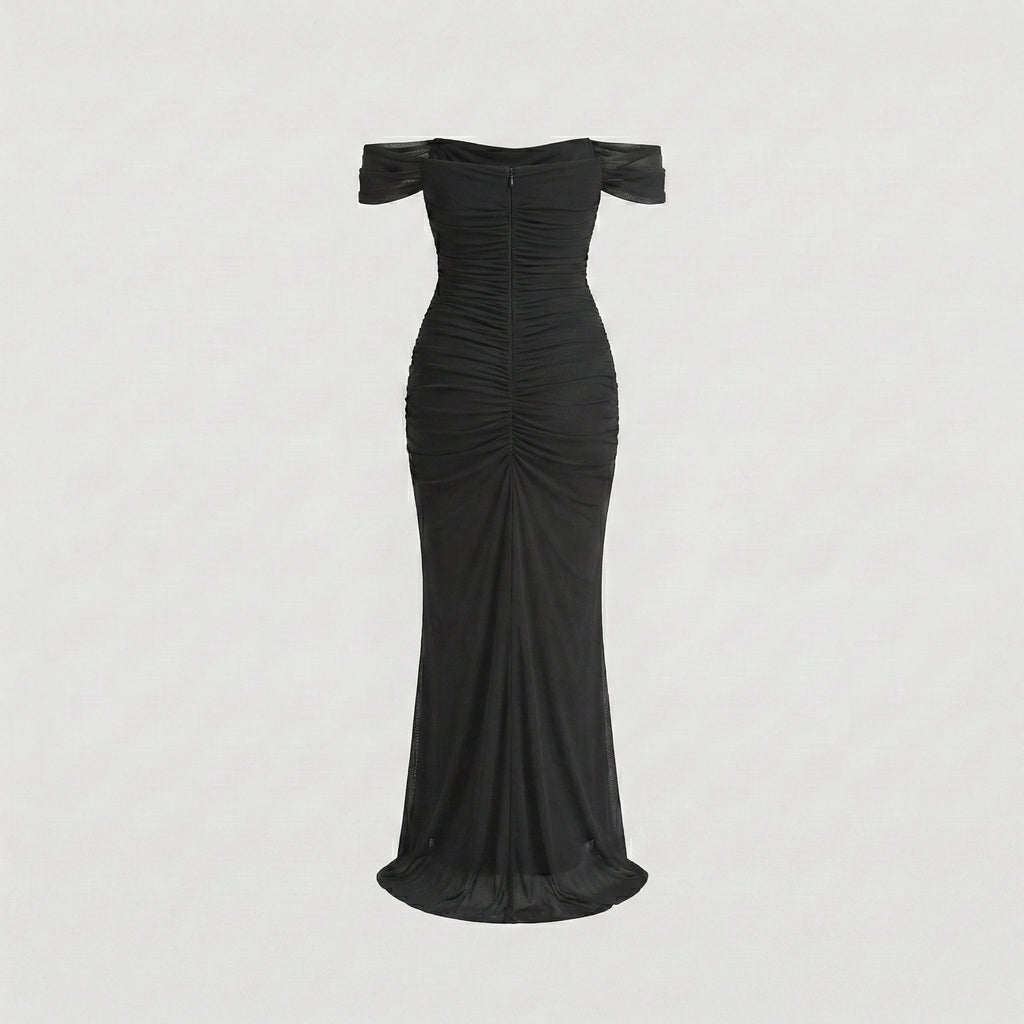 Black off-shoulder dress on a light gray background