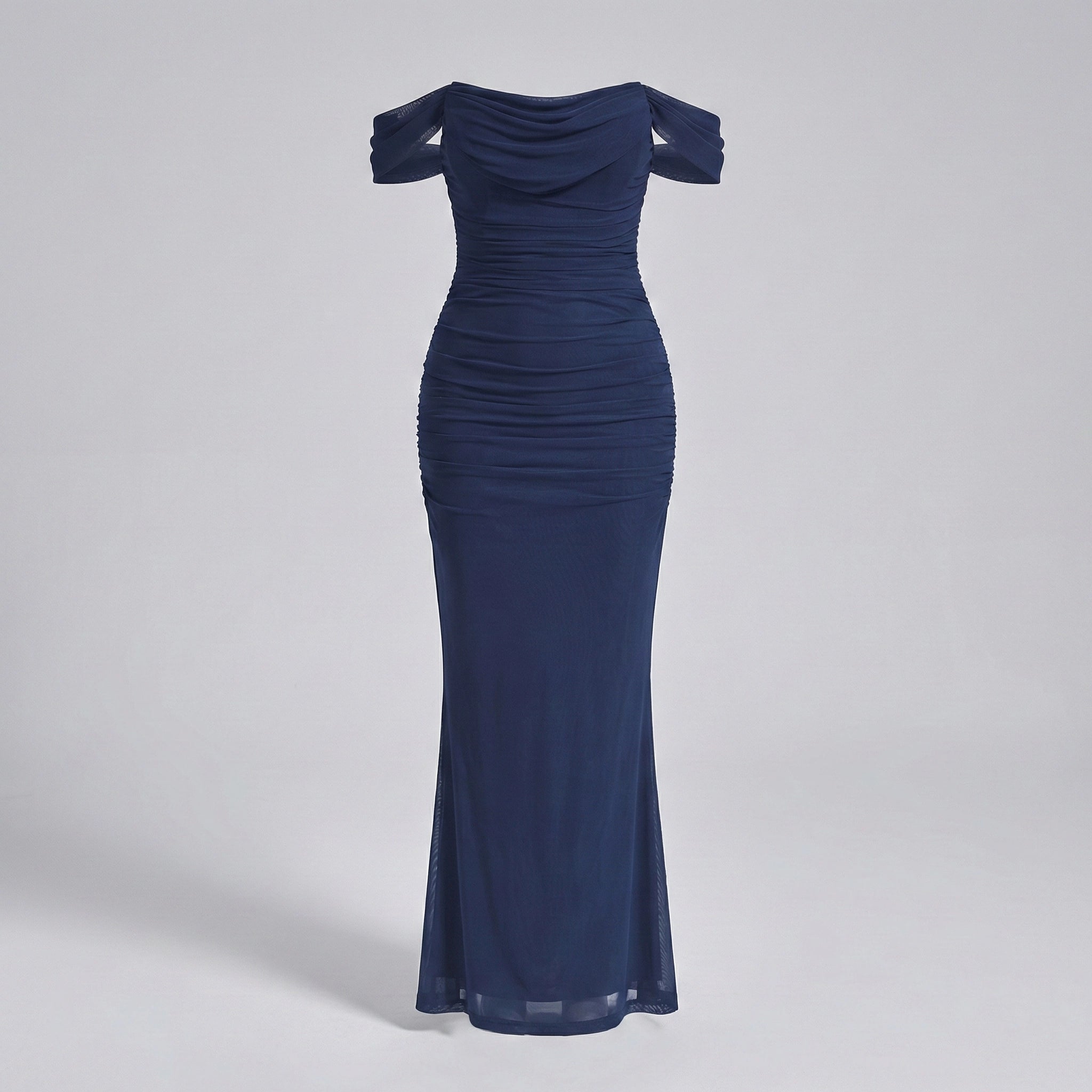 Navy blue off-shoulder gown on a light gray background