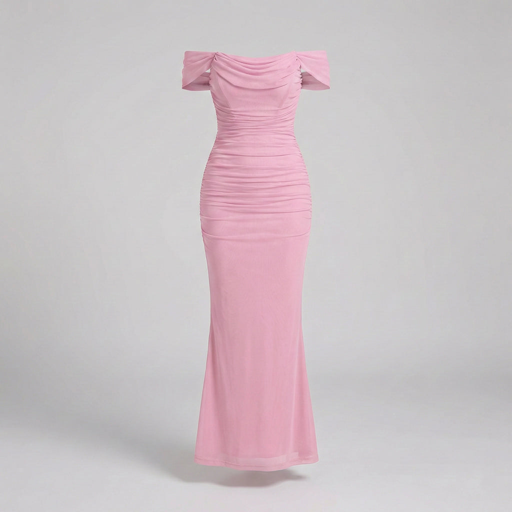 Pink off-shoulder dress on a light gray background