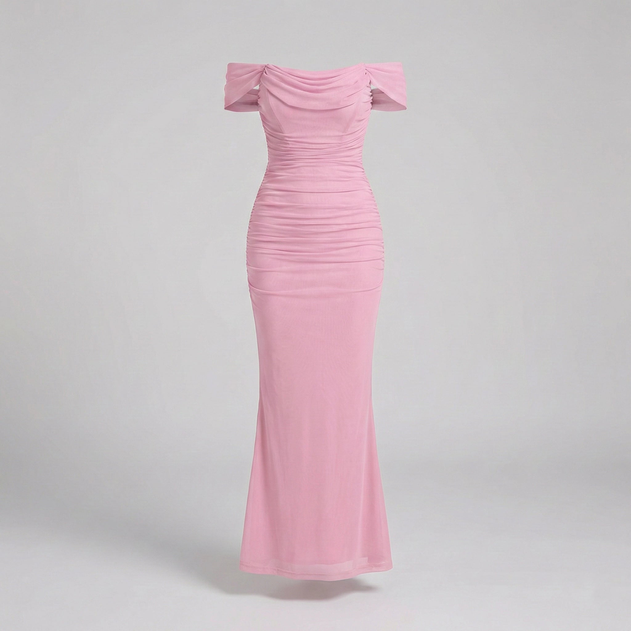 Pink off-shoulder dress on a light gray background