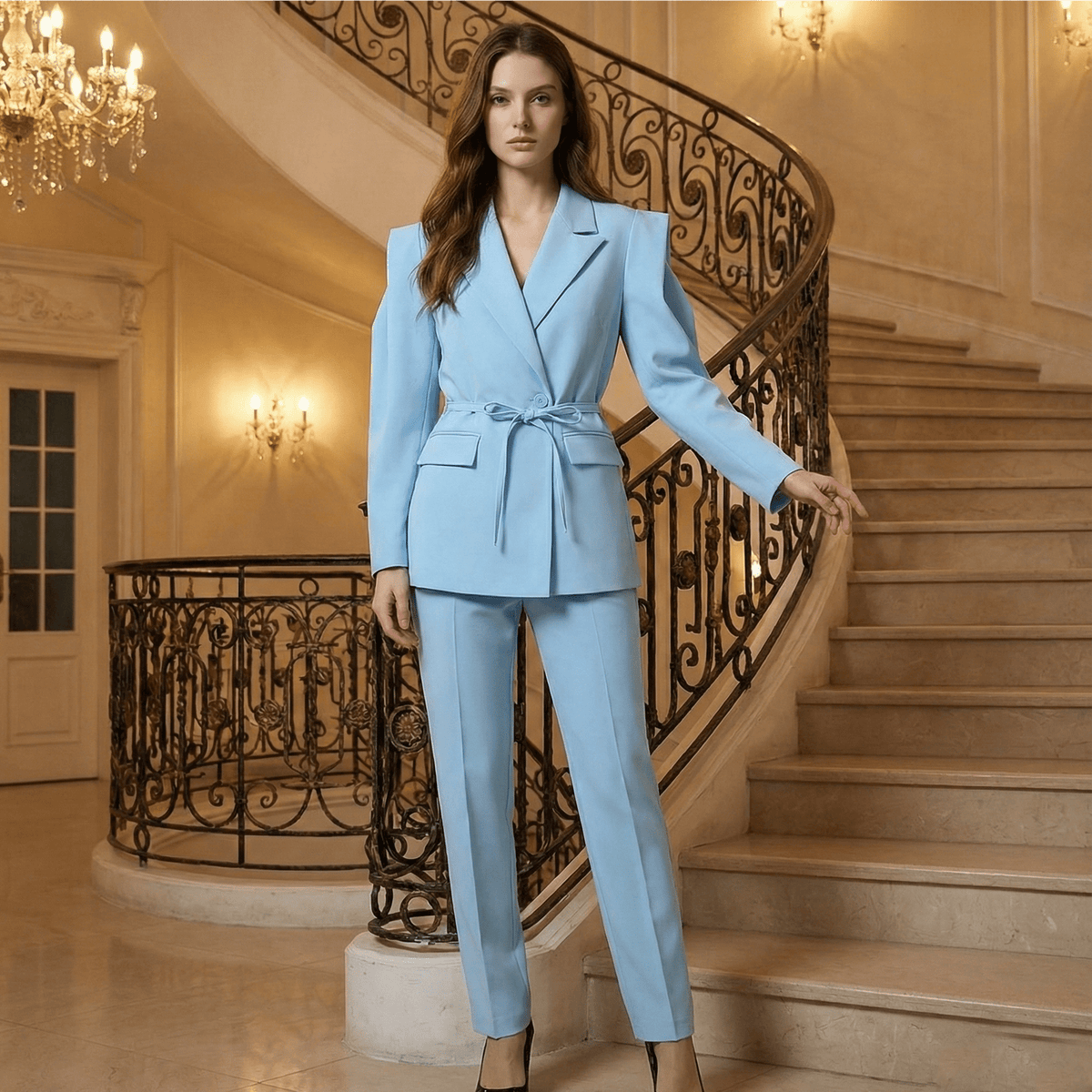 Woman in a light blue suit standing on a staircase in an elegant interior setting