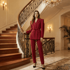Woman in a red suit standing on a staircase in an elegant interior setting