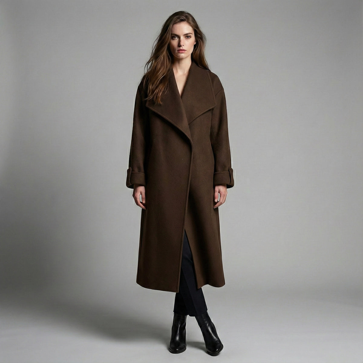 Woman wearing a long brown coat against a gray background