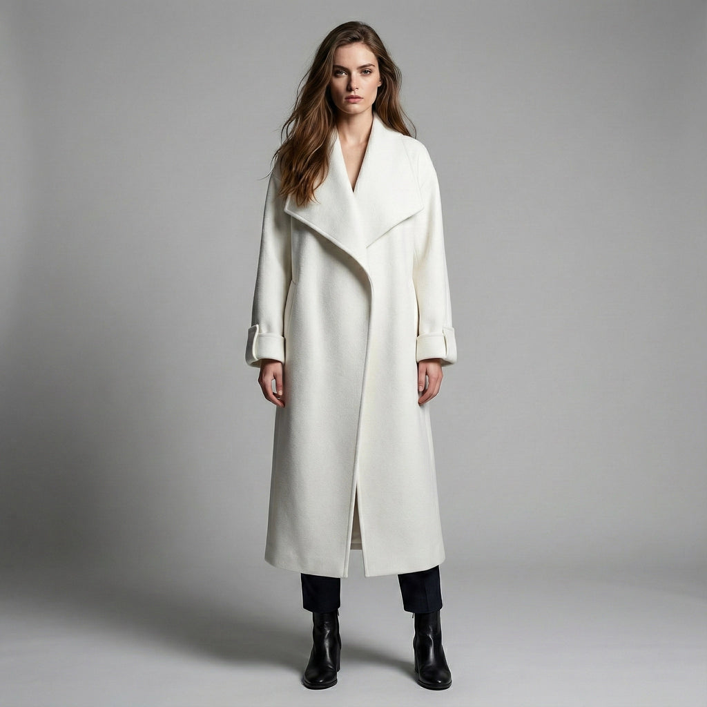 Woman wearing a long white coat against a gray background
