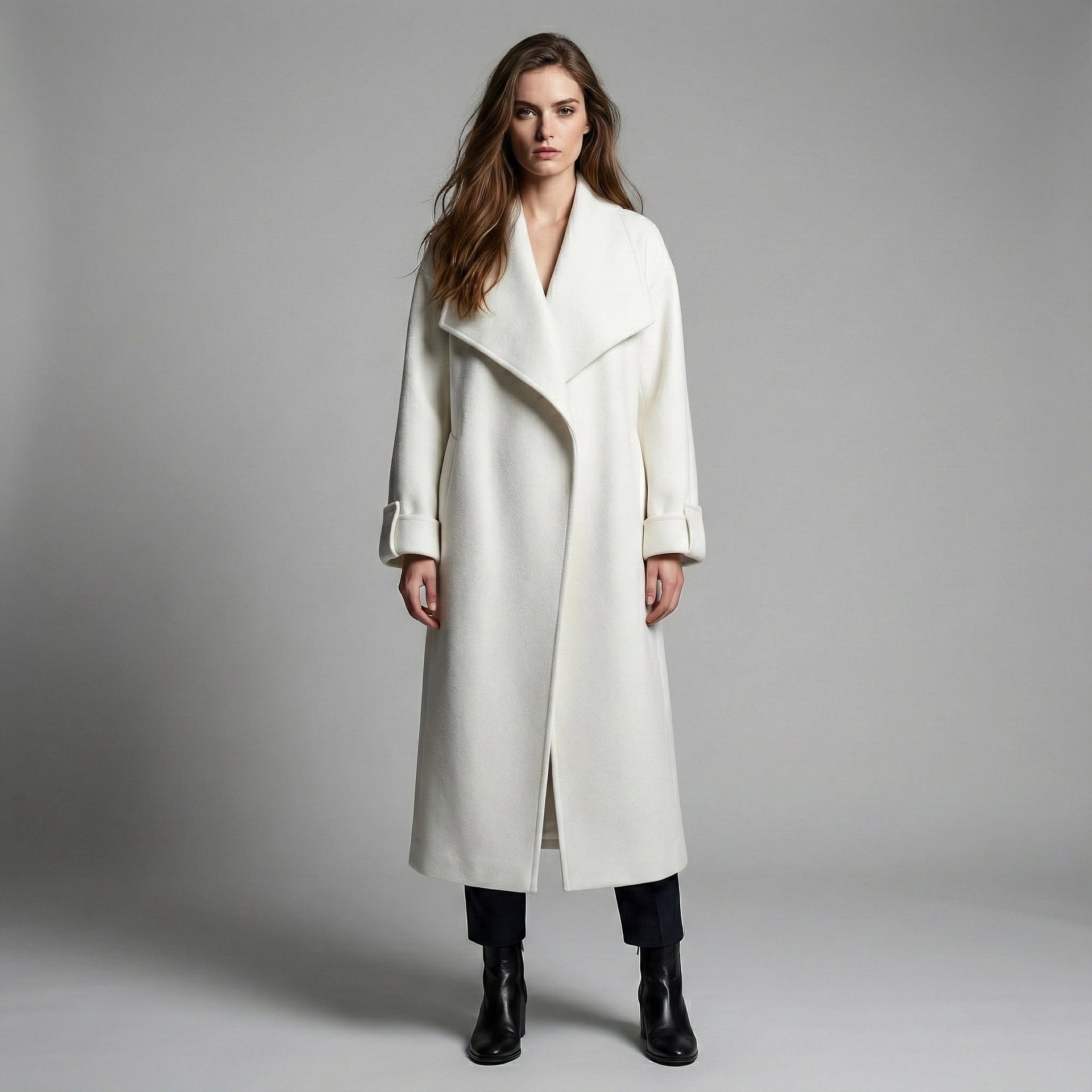 Woman wearing a long white coat against a gray background