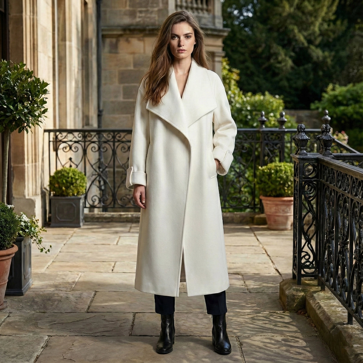 Woman wearing a white coat standing in an outdoor setting with a building and garden in the background.