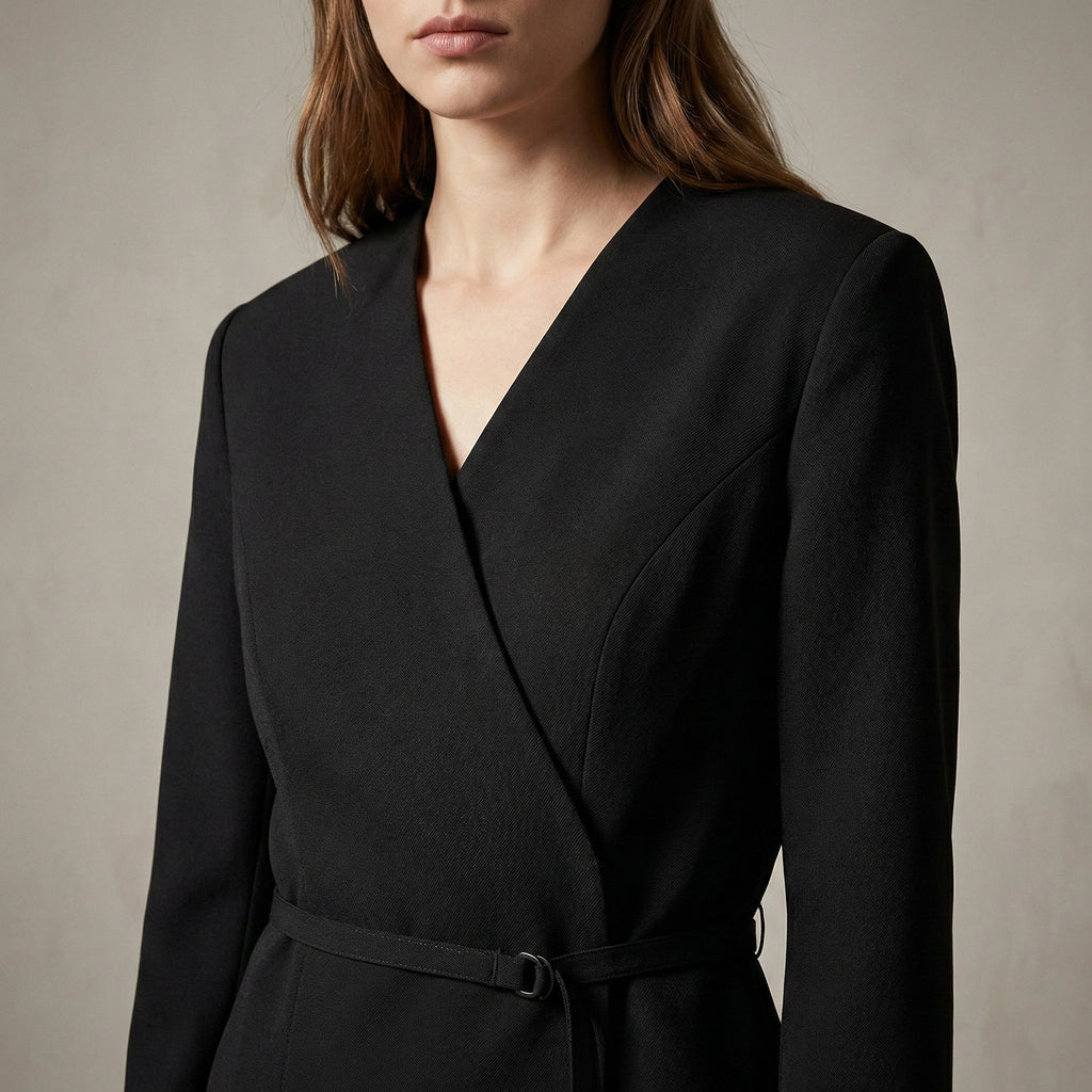 Black wrap dress worn by a person on a neutral background