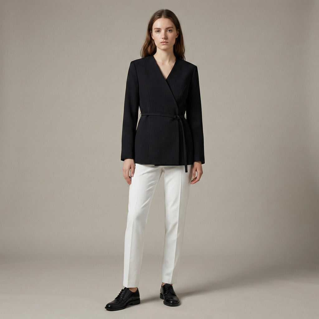 Woman wearing a black blazer and white pants on a beige background