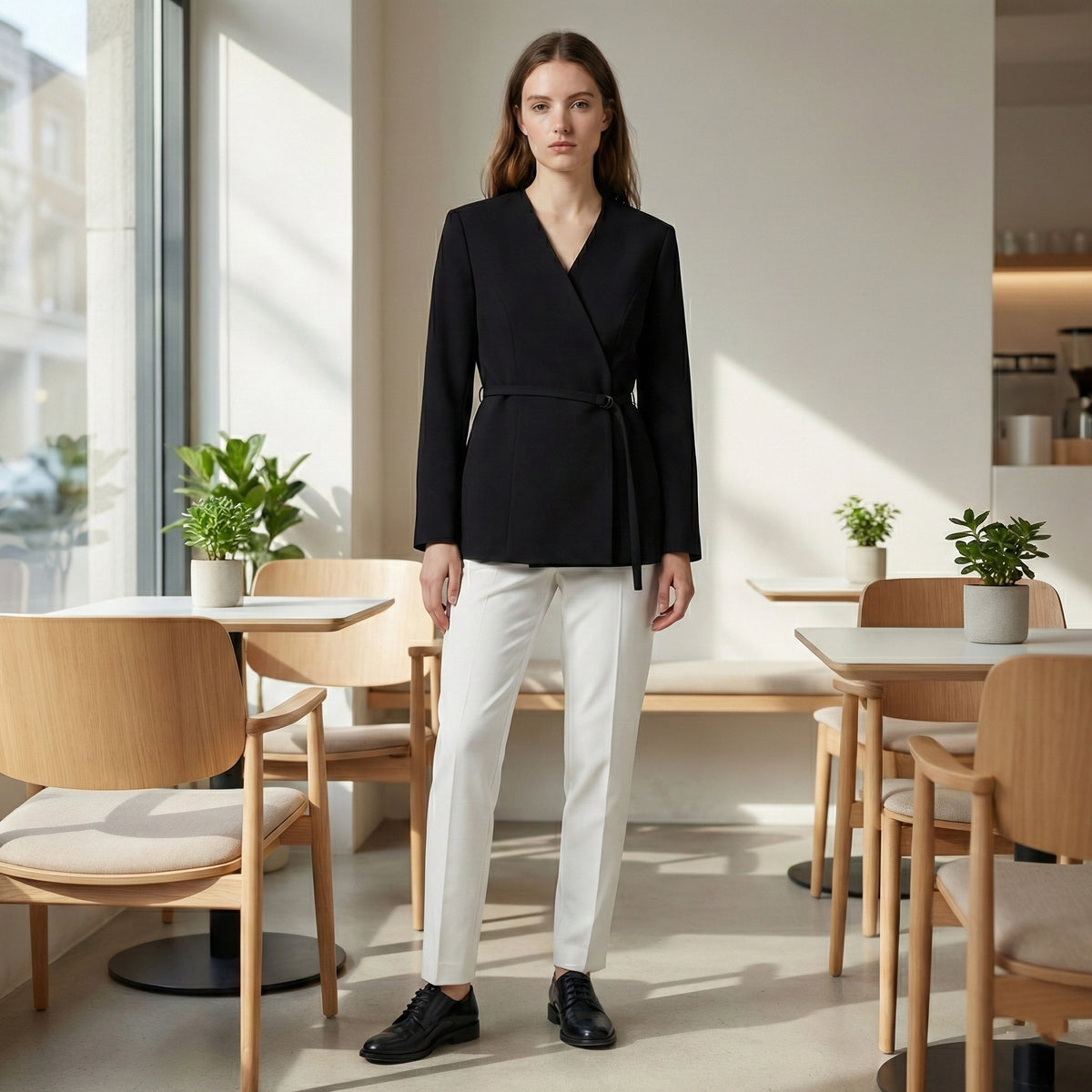 Woman in a black blazer and white pants standing in a modern cafe.