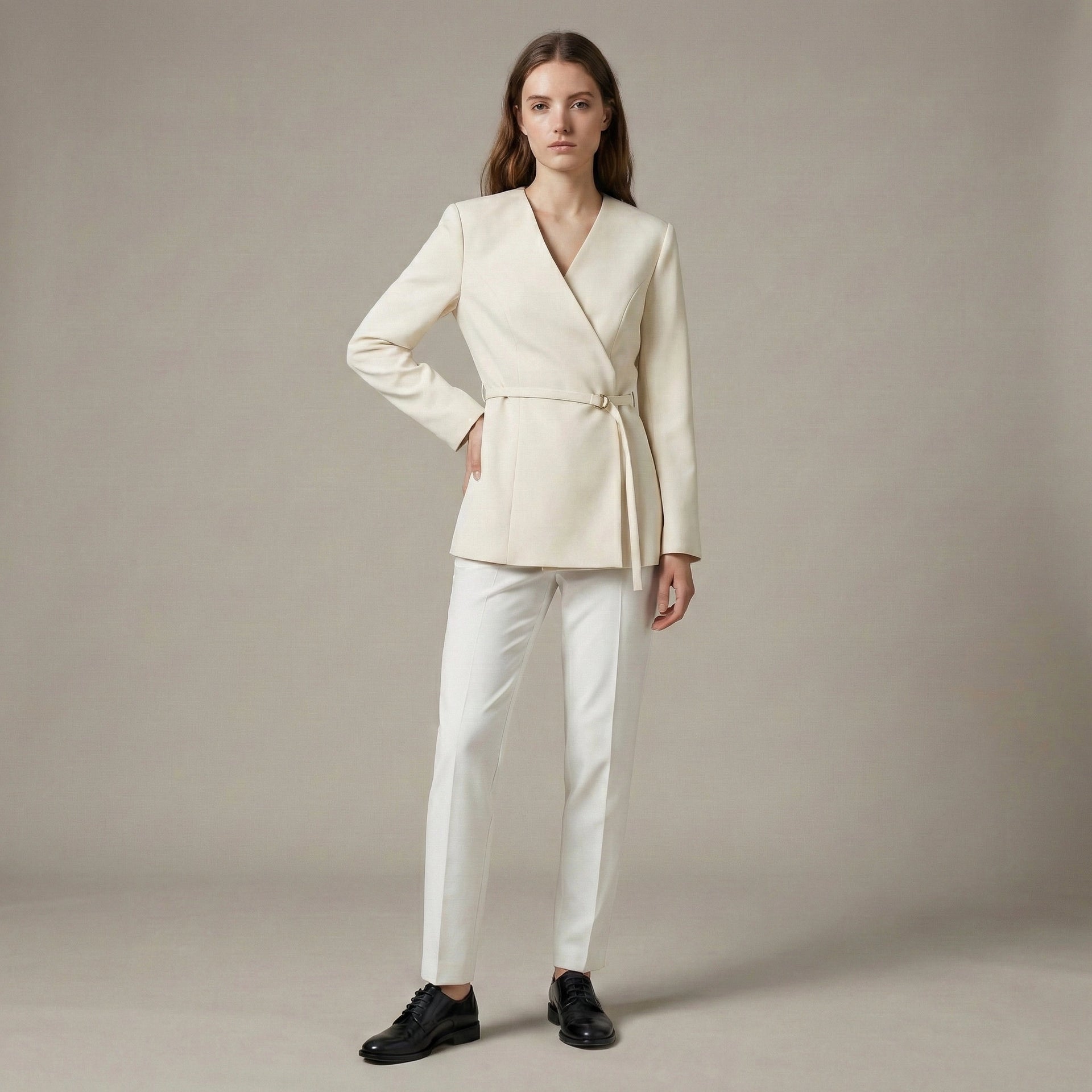 Woman wearing a cream-colored suit with a plain background