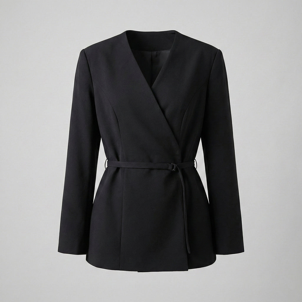 Black blazer with a belt on a gray background