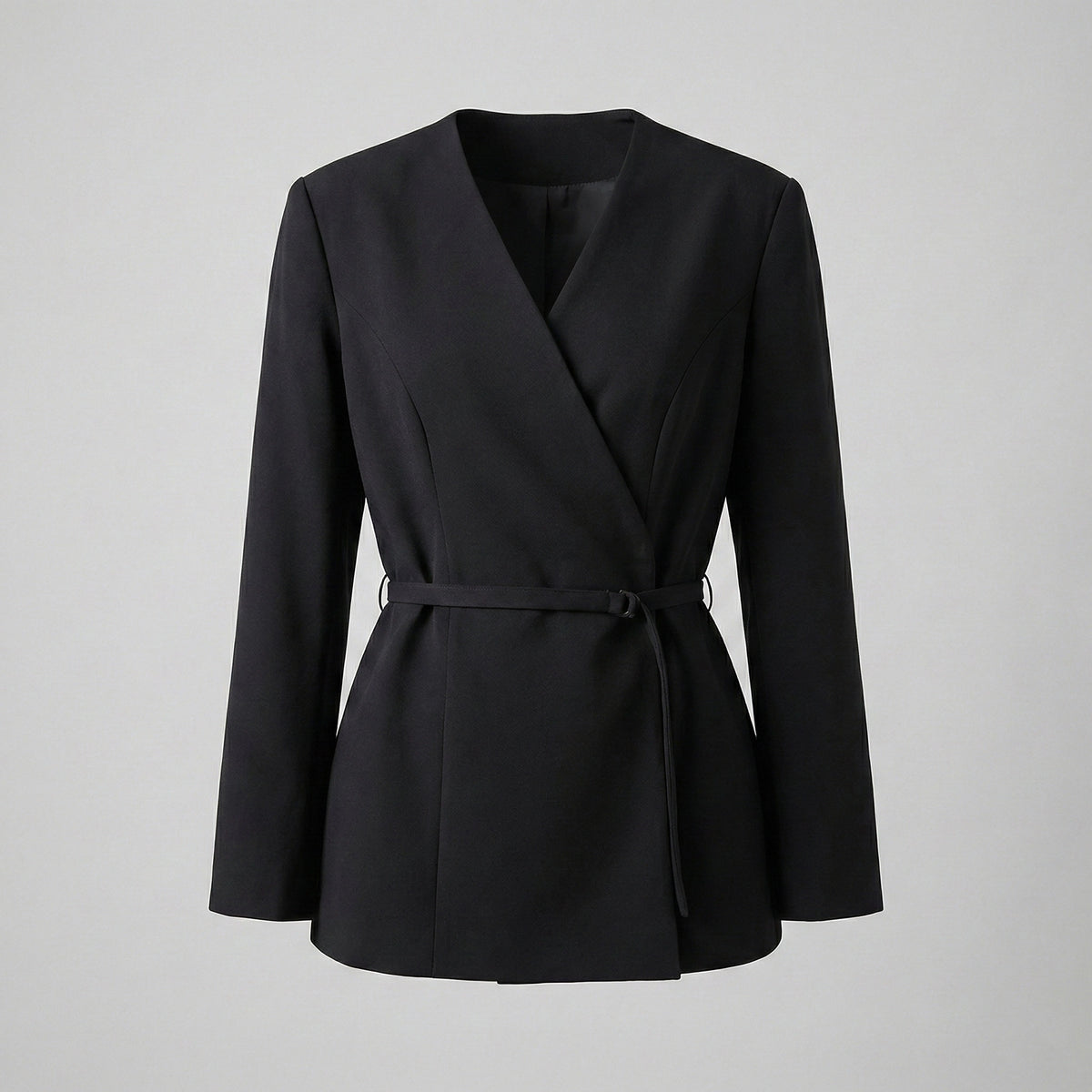 Black blazer with a belt on a gray background