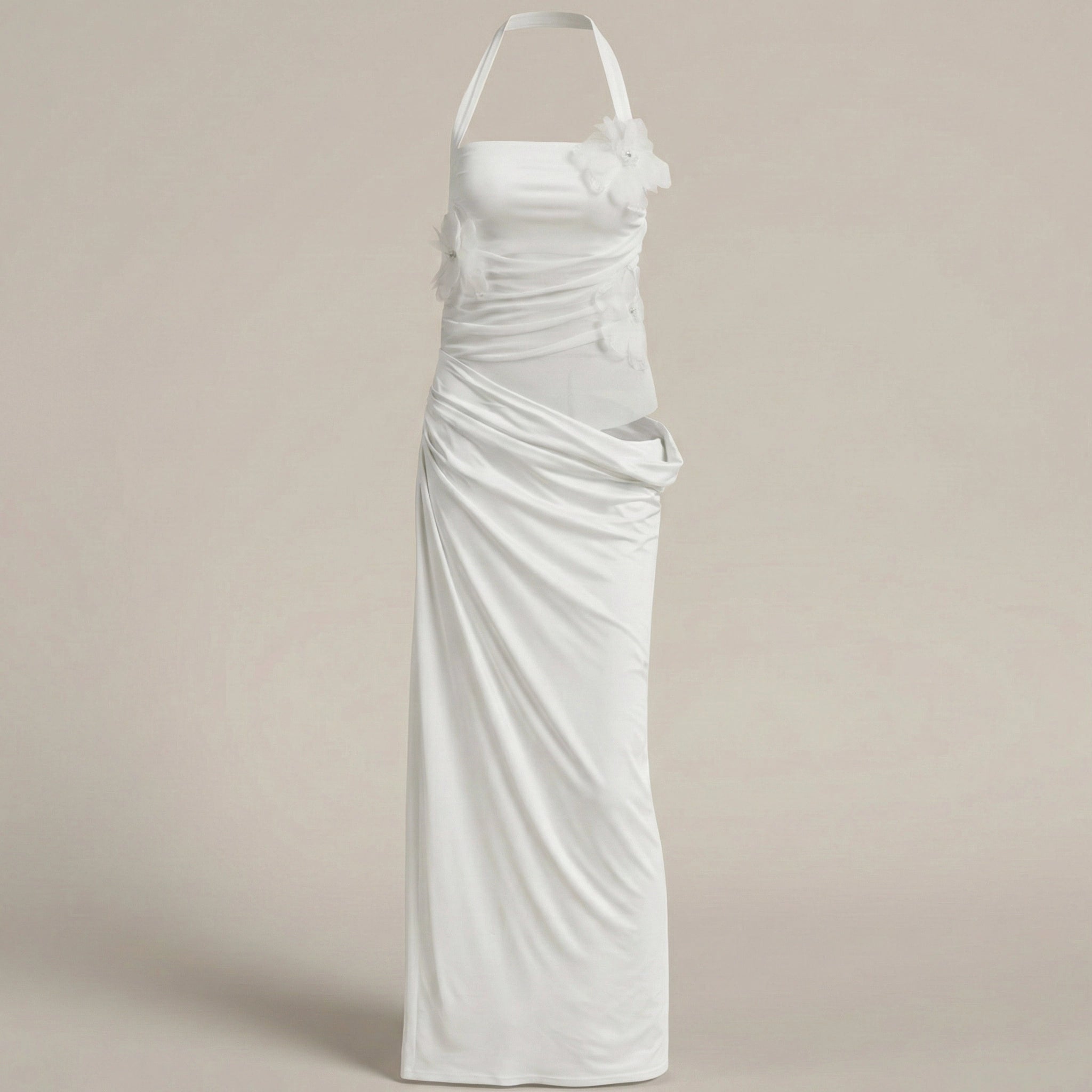 White evening gown on a beige background