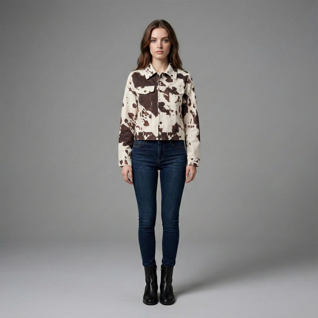 Woman wearing a patterned shirt and jeans on a gray background